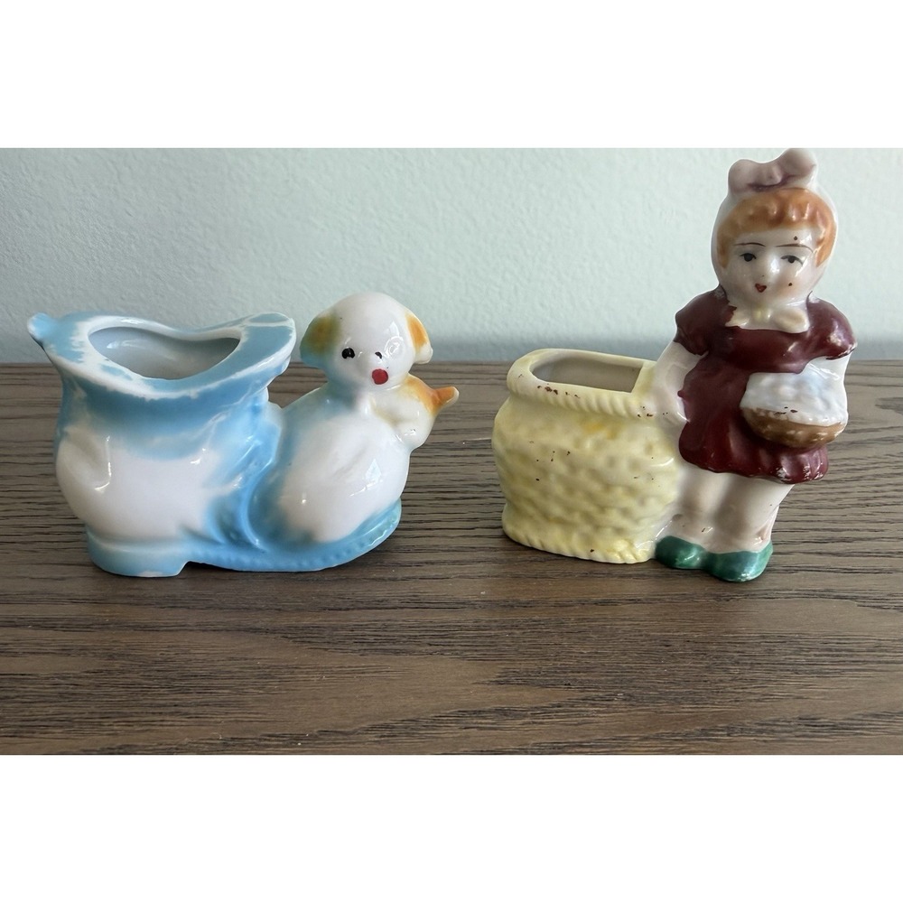 Vintage Occupied Japan Duck & Girl Planter Lot Mini Ceramic Figurines Rare‎
